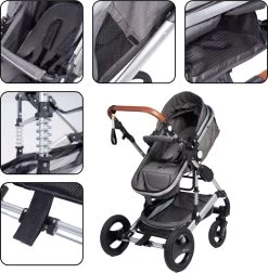 Bronea EXQUISE Luxe Multi-functionele Kinderwagen 3 In 1 | Zwart / Silver | Incl. MATRAS, Buggy, Autostoel, Luiertas, Regenhoes, Voetenwarmer, Muggen Net & Zonneklep -Kinderwagens Kortingswinkel 1178x1200 1