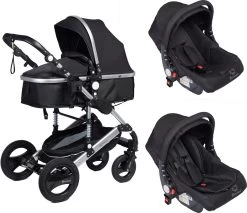 Bronea EXQUISE Luxe Multi-functionele Kinderwagen 3 In 1 | Zwart / Silver | Incl. MATRAS, Buggy, Autostoel, Luiertas, Regenhoes, Voetenwarmer, Muggen Net & Zonneklep -Kinderwagens Kortingswinkel 1200x1036 1