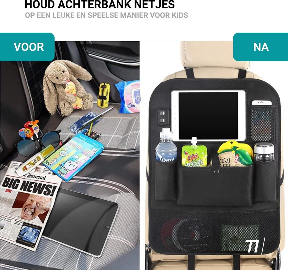TIKKENS® Auto Organizer Met USB Oplaadpunten Stoel - Tablet Houder - Zwart - - Universeel - Autostoel Beschermer Voor Baby En Kinderen 3 TIKKENS® Auto Organizer Met USB Oplaadpunten Stoel - Tablet Houder - Zwart - - Universeel - Autostoel Beschermer Voor Baby En Kinderen - Afbeelding 3