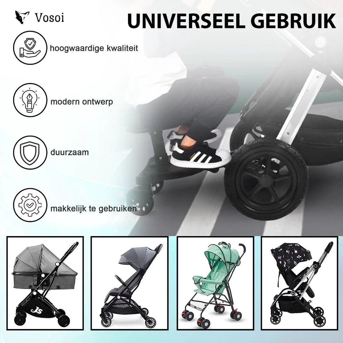 Vosoi - Meerijdplankje - Kinderwagen - Buggy's - Onderweg - Universeel - Verstelbaar - Zitje - Onderweg - 2 Wielen - Kinderwagen Accessoires 2 Vosoi - Meerijdplankje - Kinderwagen - Buggy's - Onderweg - Universeel - Verstelbaar - Zitje - Onderweg - 2 Wielen - Kinderwagen Accessoires - Afbeelding 2