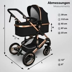 KIDUKU- 3 In 1 Combi-kinderwagen- Zwart/goud- Buggy Incl. Autostoeltje-regenhoes- Inklapbaar -Kinderwagens Kortingswinkel 1200x1200 395