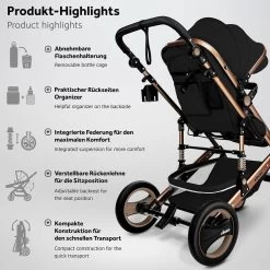 KIDUKU- 3 In 1 Combi-kinderwagen- Zwart/goud- Buggy Incl. Autostoeltje-regenhoes- Inklapbaar -Kinderwagens Kortingswinkel 1200x1200 398