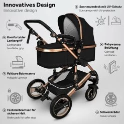KIDUKU- 3 In 1 Combi-kinderwagen- Zwart/goud- Buggy Incl. Autostoeltje-regenhoes- Inklapbaar -Kinderwagens Kortingswinkel 1200x1200 401