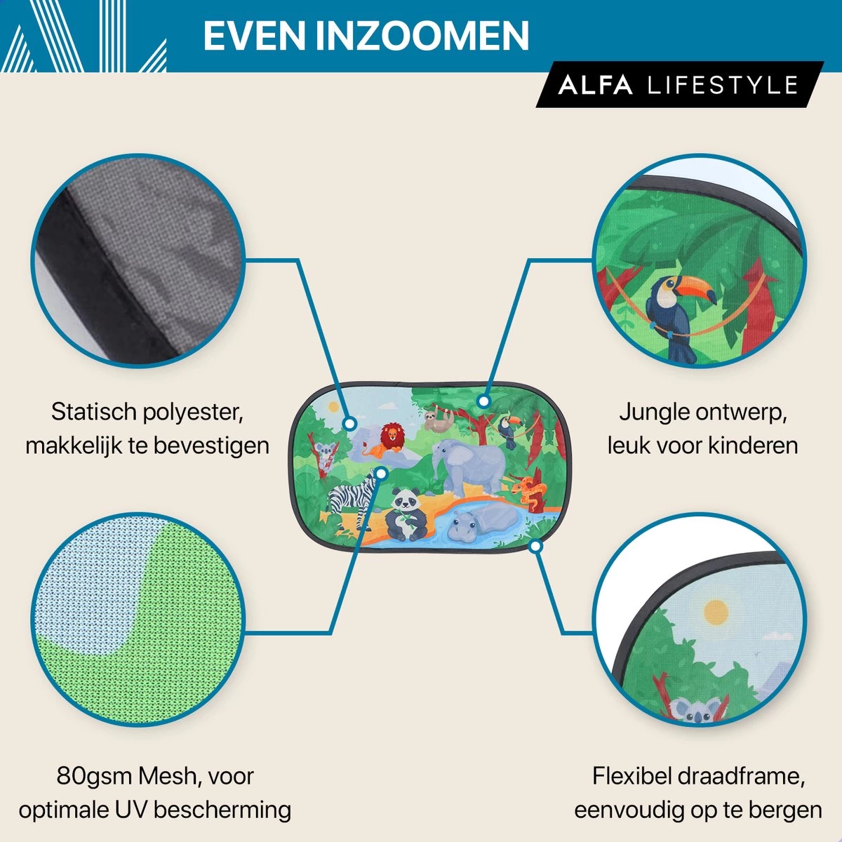 ALFA LIFESTYLE® Statische Zonneschermen – SHADE PRO V4- Jungle – Zonnescherm Auto Baby – UV Protectie Bescherming - 2 Stuks 7 ALFA LIFESTYLE® Statische Zonneschermen – SHADE PRO V4- Jungle – Zonnescherm Auto Baby – UV Protectie Bescherming - 2 Stuks - Afbeelding 7