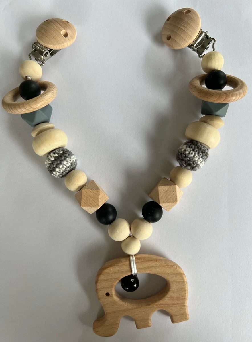 Littlecutiez - Wagenspanner Dombo - Olifant - Gehaakt - Hout - Kralen - Kinderwagen - Buggy - Kraamcadeau - Baby - Zilver 2 Littlecutiez - Wagenspanner Dombo - Olifant - Gehaakt - Hout - Kralen - Kinderwagen - Buggy - Kraamcadeau - Baby - Zilver - Afbeelding 2